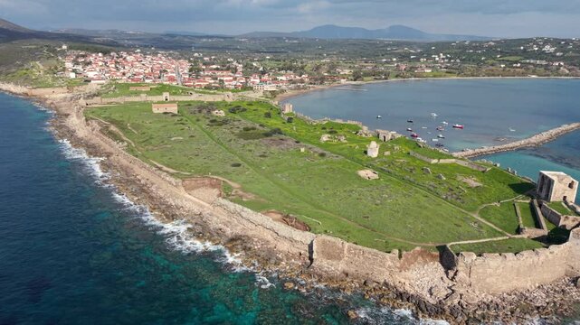 Aerial view of Methoni Castle in early spring, Peloponnese, Greece.