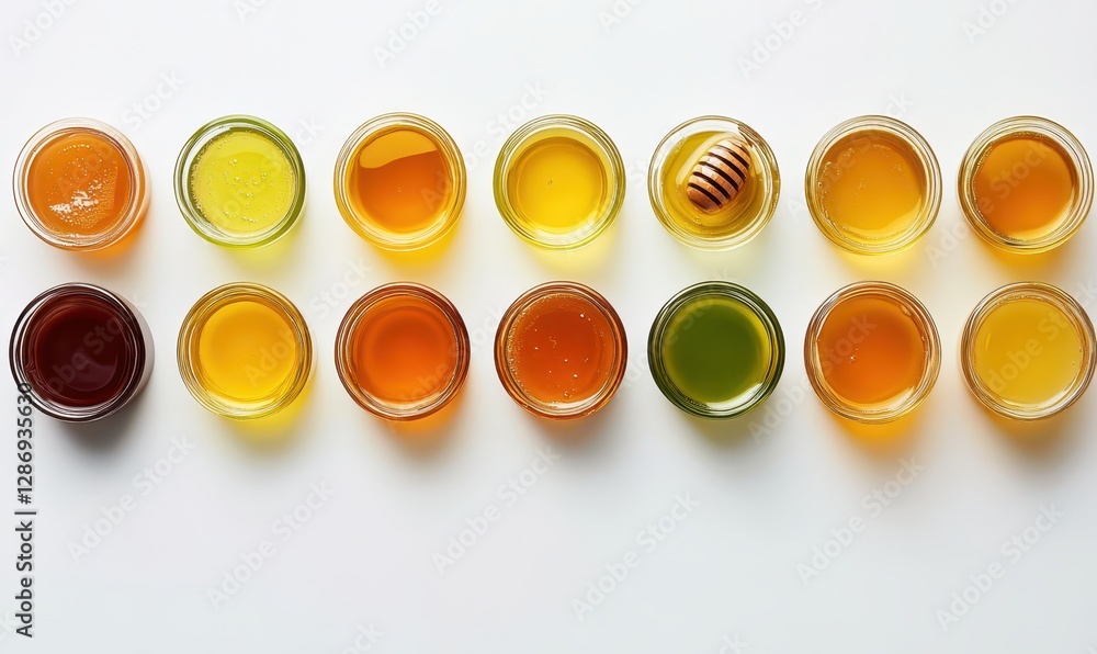 Poster a colorful array of natural honey varieties in glass jars showcasing golden tonalities and unique te
