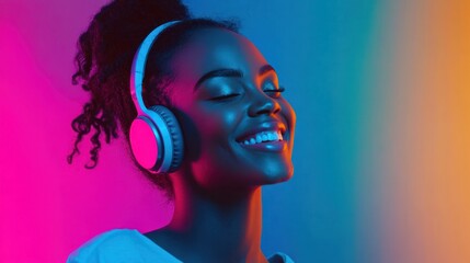 Modern and cool woman listening music on headphones with smiley and happy attitude on trendy color background