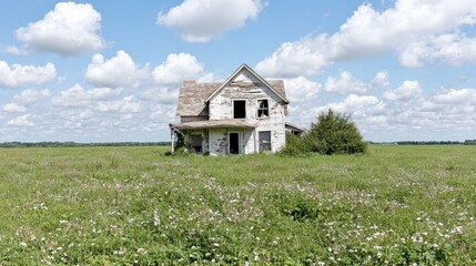 Abandoned farmhouse in field, summer sky. Rural landscape, decay, forgotten