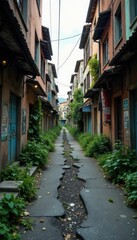 Fototapeta premium Weathered city street with broken pavement, faded signs and overgrown vegetation, neglect, grunge, weathered