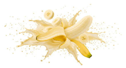 Banana with slices and juice exploding on transparent background, Banana bursting with juice and pieces on png background