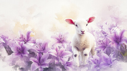 A lamb standing in a field of purple lilies, gentle light
