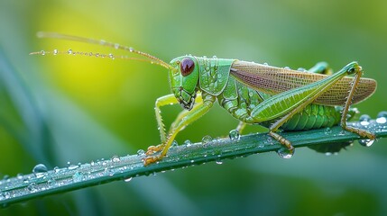 Fototapeta premium Grasshopper on grass blade, water droplets on its green body.