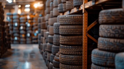 Neatly stacked tires in an industrial warehouse  a close up of automotive storage solutions