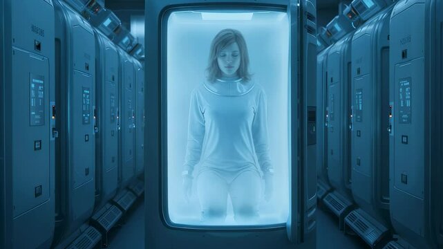 Woman in cryogenic sleep chamber for deep space travel. Futuristic hibernation technology in sci-fi spaceship. Medical advancement for long-term space missions.