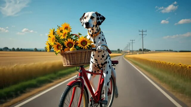 A Dalmatian dog on a vintage red bicycle, balancing a basket full of sunflowers and fresh summer fruits through the countryside on summer vacation