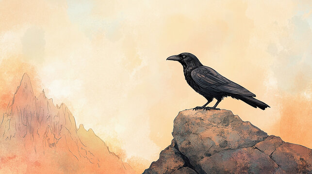 A raven bringing food to Elijah, perched on a rocky ledge, soft twilight hues