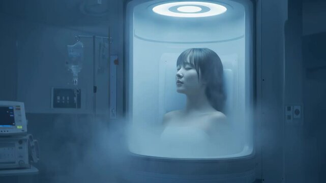 Asian woman in cryogenic chamber for hibernation. Futuristic medical technology for long-term preservation. Sci-fi concept of suspended animation in space exploration.