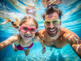 Father and daughter share joyful moment swimming underwater in pool during summer vacation. Goggles on they dive and splash, enjoying quality time, adventure, fun water activities