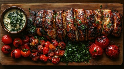 Fototapeta premium Grilled fish, roasted cherry tomatoes, herbs, and dip on wooden board