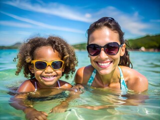 Obraz premium Multicultural mother and daughter swimming in clear blue sea, smiling and enjoying summer vacation, feeling carefree and joyful, embracing family bonding and creating unforgettable memories