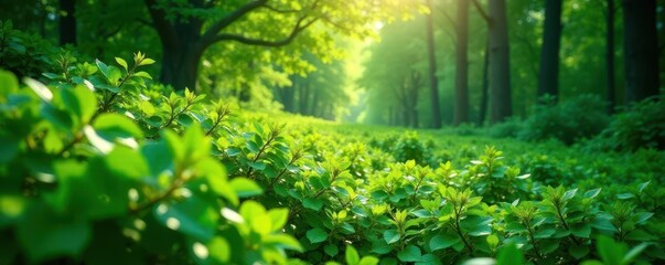 Fototapeta premium Dense emerald green shrubbery, sunlight dappled, image, park, setting