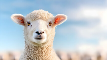 Sheep Portrait, Farmland, Sunny Sky, Pastoral Scene