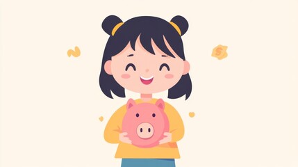Fototapeta premium Young girl holding piggy bank with a joyful expression