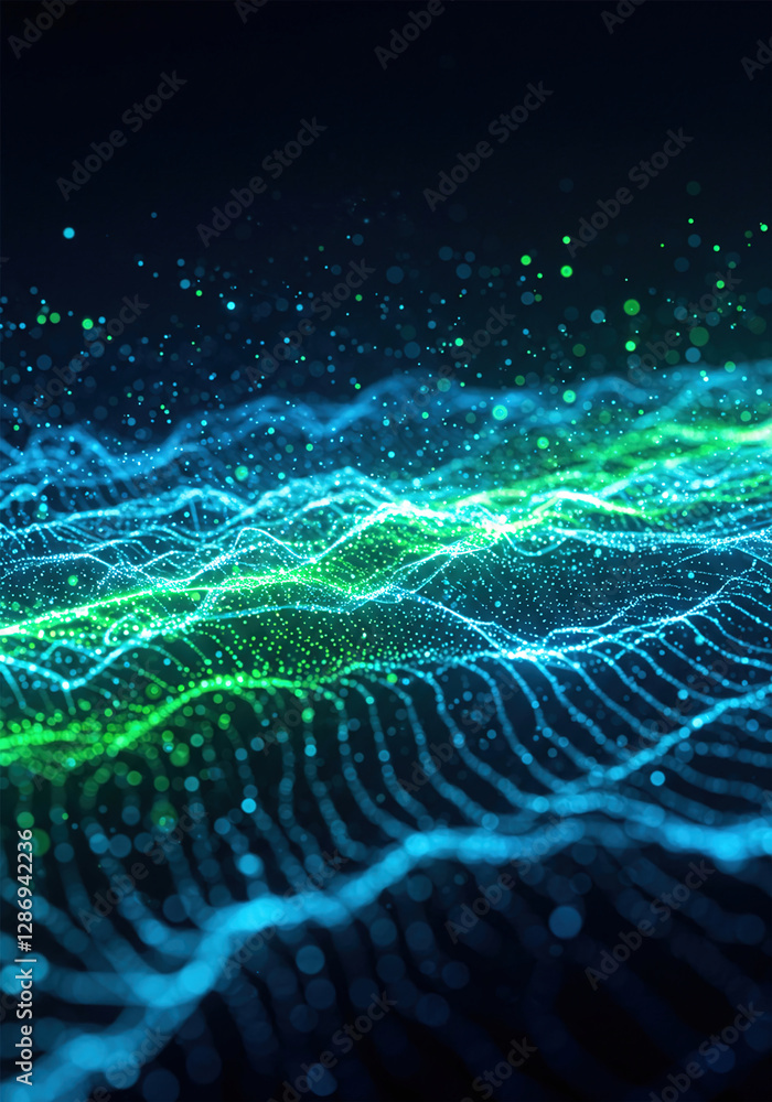 Aufkleber light blue and green lines glowing in the background, data particles floating in the air. vertical.