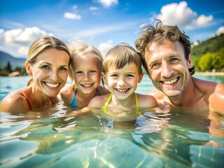 A happy smiling family, mom, dad, and their kids, enjoy swimming together in the sea during a fun vacation. They splash and laugh, embracing the joy of summer and quality family time