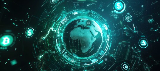 Digital Globe with Financial Icons and Cryptocurrency Symbols for Futuristic Design