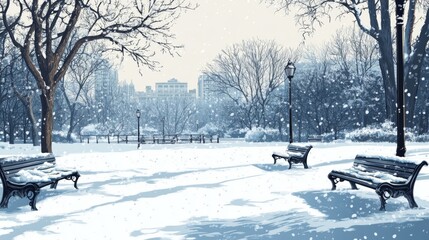 Snowy park scene with benches and trees in winter wonderland