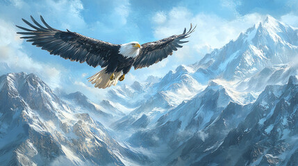 Obraz premium An eagle soaring above a mountain range, powerful and majestic, evoking Isaiah’s ‘They shall mount up with wings like eagles