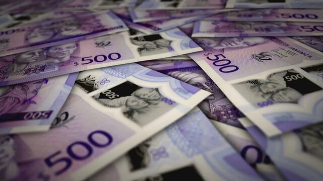 Jamaica dollar 500 JMD banknote surface. Flying over Jamaican money note. 3D abstract concept of business, inflation, economy, finance, crisis and banking.