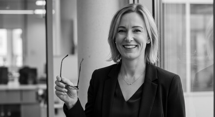 A business woman standing near a window with natural light and smiling warmly appears confident She is holding a pair of glasses in hand wearing a black blazer over a dark top professional appearance