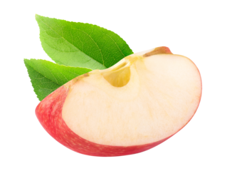 One wedge of red apple with leaf isolated on white