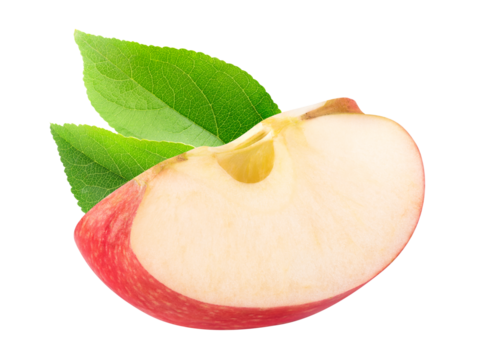 One wedge of red apple with leaf isolated on white