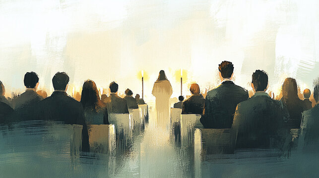 An Easter vigil service, soft candlelight illuminating a congregation in prayer, ethereal ambiance