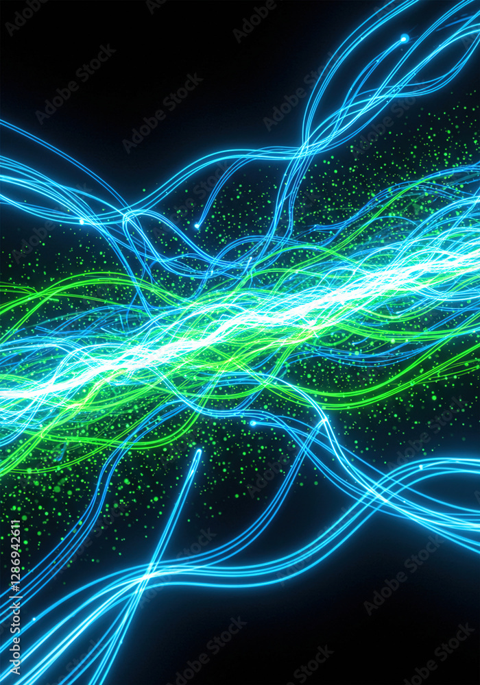 Poster light blue and green lines glowing in the background, data particles floating in the air. vertical.