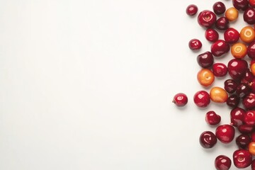 Red and yellow cherries scattered on white background
