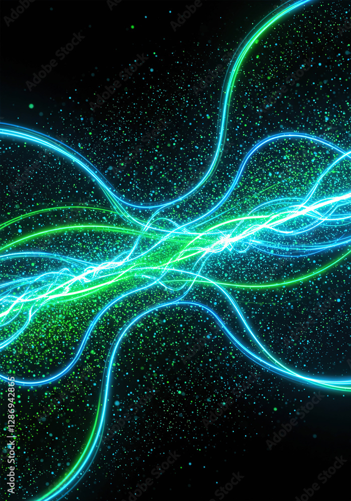 Aufkleber light blue and green lines glowing in the background, data particles floating in the air. vertical.