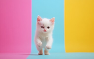 Adorable White Kitten Walking on Colorful Background