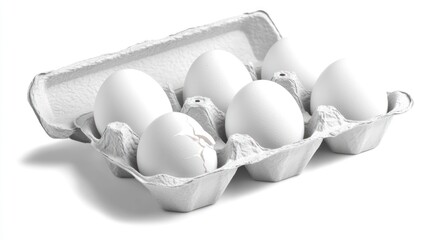 White eggs in a cardboard carton one is cracked