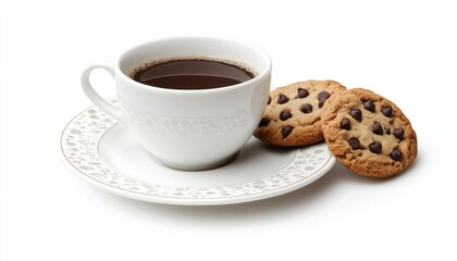 Coffee cup and chocolate chip cookies on saucer
