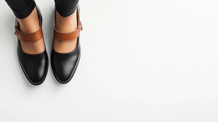 Black Leather Shoes With Brown Straps On Feet