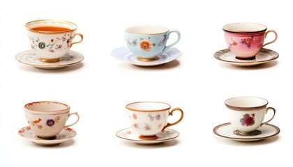 Six Vintage Teacups Displayed With Saucers