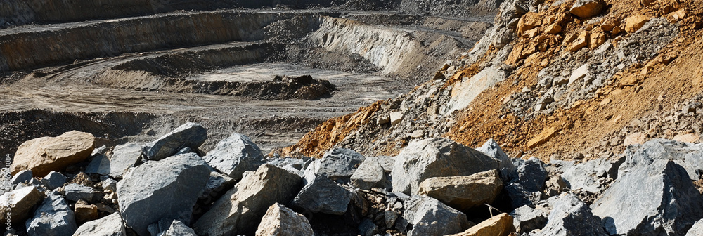 Poster closeup view of rocks and earth at excavation site. generative ai