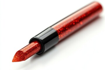 Red Glitter Lipstick with Black Casing on White Background