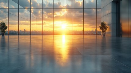 Fototapeta premium Modern Empty Office Space with Beautiful Sunset View Through Windows