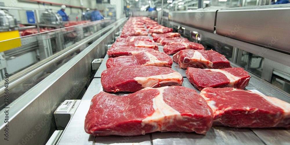 Poster Automated beef processing line in meatpacking facility. Generative AI