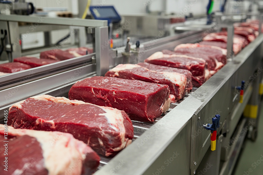 Aufkleber Automated beef processing in a meatpacking plant facility. Generative AI