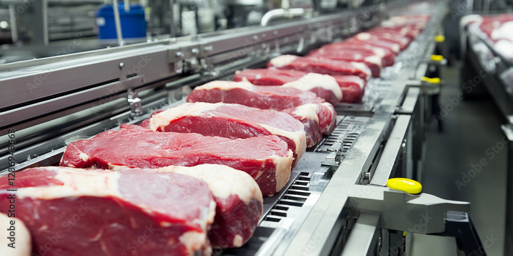 Poster automated beef processing at a meatpacking plant facility. generative ai