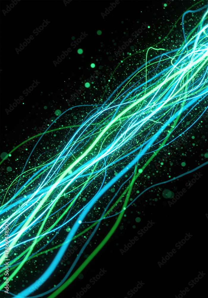 Poster light blue and green lines glowing in the background, data particles floating in the air. vertical.