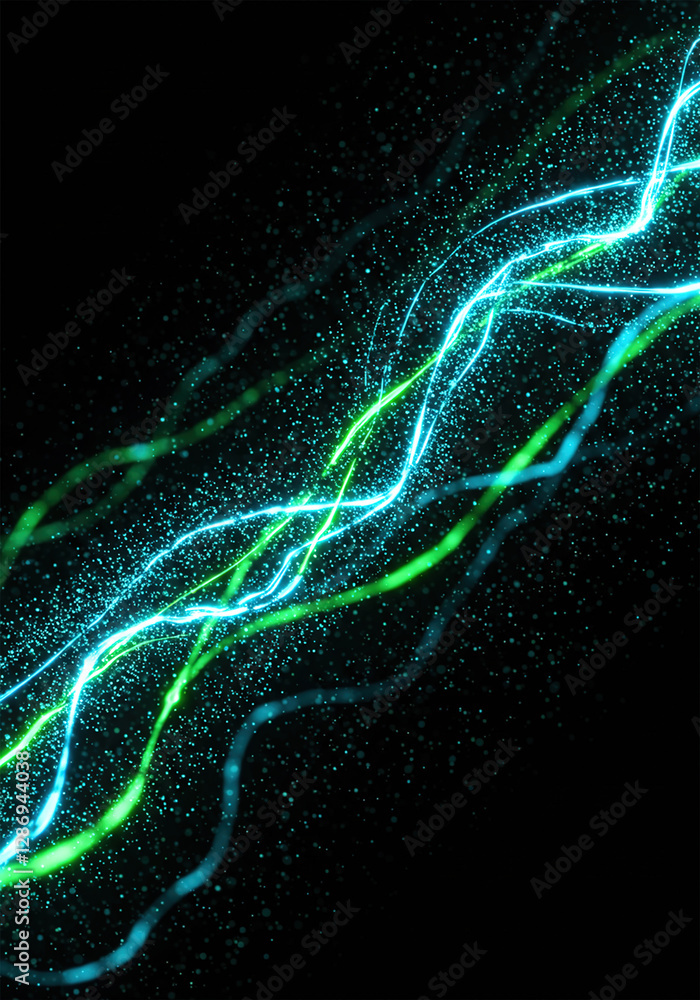 Poster light blue and green lines glowing in the background, data particles floating in the air. vertical.