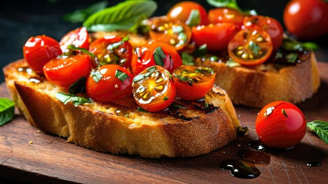 Delicious grilled bruschetta topped with vibrant cherry tomatoes and fresh basil leaves, perfect for a summer appetizer or snack