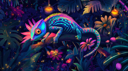 Fototapeta premium A curious chameleon blending into a colorful, fantasy jungle filled with glowing plants and friendly insects, stylized illustration, enchanting and vibrant. Bioluminescent Jungle Temple. Illustration