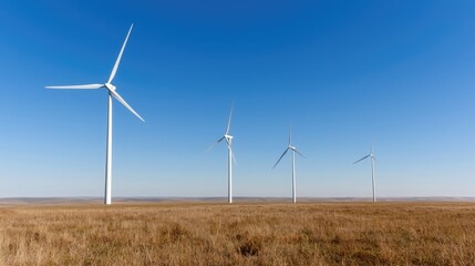 Fototapeta premium Row of modern white wind turbines standing in a dry grassy field under a clear blue sky.