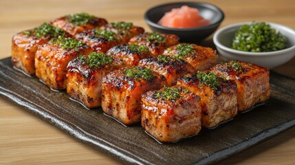 Grilled Salmon Cubes on Dark Tray, Restaurant Setting, Pink Ginger, Green Garnish