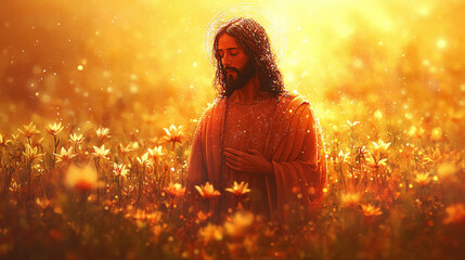 Naklejka premium Jesus Christ with a golden halo, standing in a field of lilies, warm light